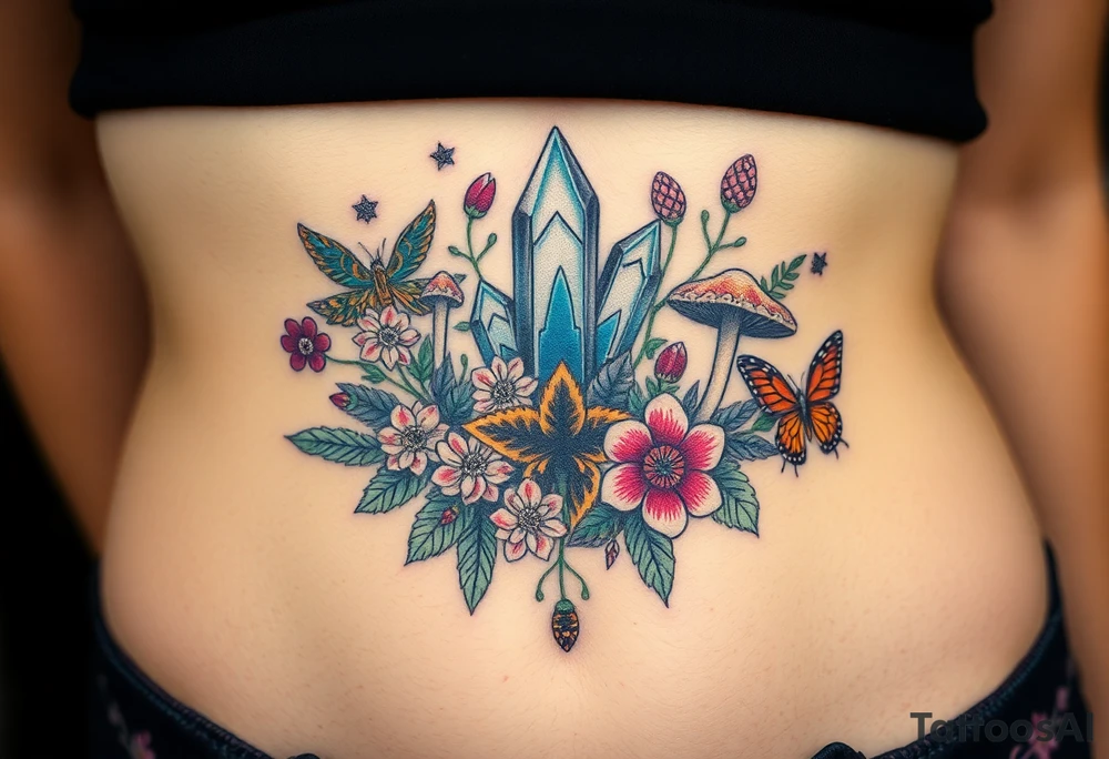 psychedelic  tattoo with crystals and  flowers and mushrooms bugs tattoo idea