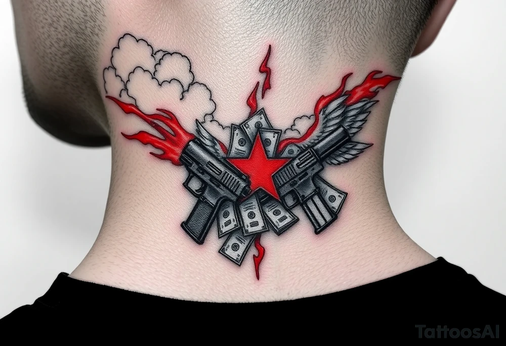 deepfull description of details with clouds,fire guns, money,angels and red tattoo idea