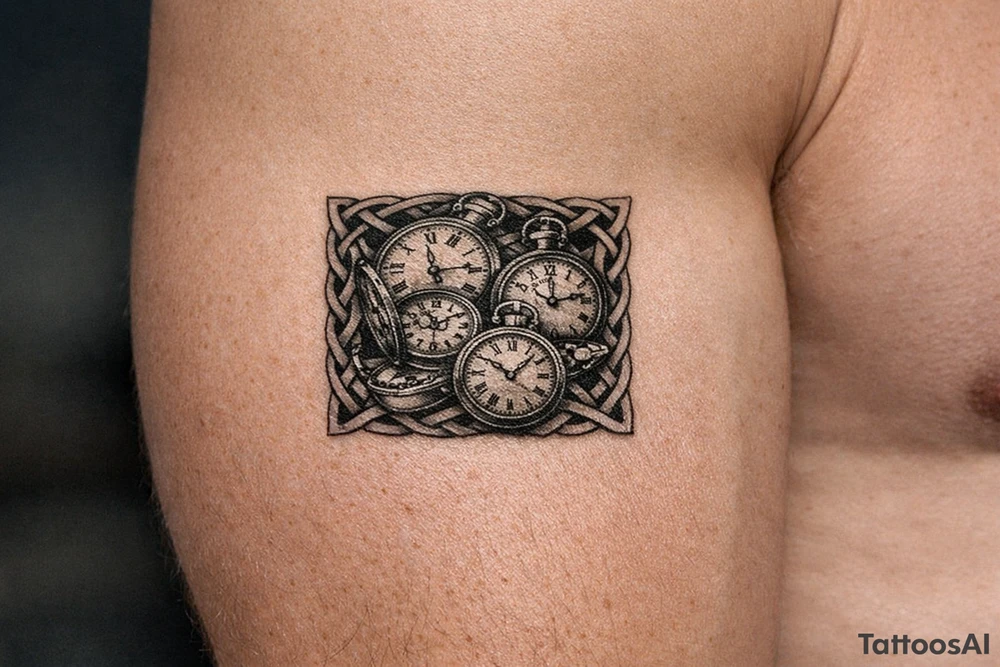 Vintage pocket watches scattered and overlapping, framed by bold, dark Celtic braids, black and grey realism. tattoo idea