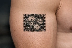 Vintage pocket watches scattered and overlapping, framed by bold, dark Celtic braids, black and grey realism. tattoo idea