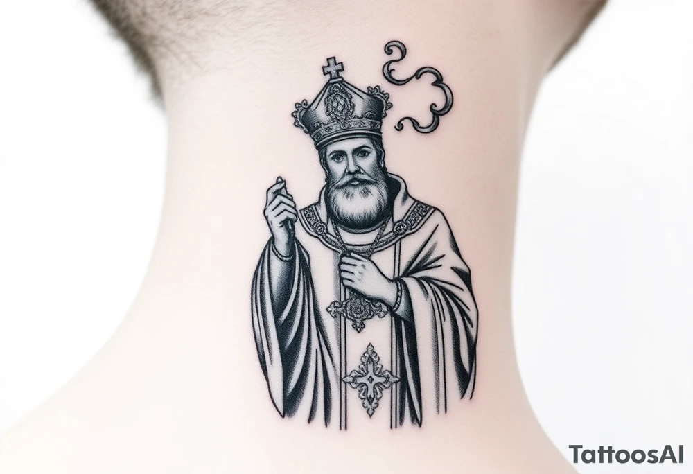 Russian Orthodox Priest in a fully detailed gold vestment swinging a censer with smoke curling upward tattoo idea