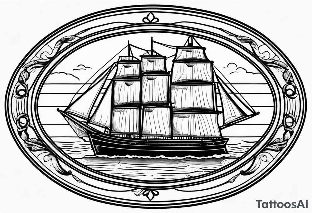 american traditional ship. oval border tattoo idea