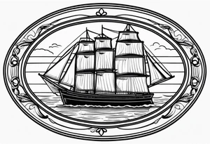 american traditional ship. oval border tattoo idea
