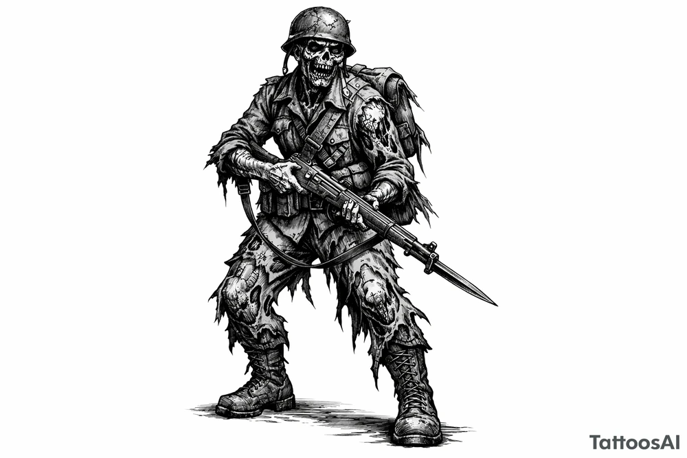 Full body zombie soldier, tattered uniform, bayonet fixed rifle, dark fantasy art. tattoo idea