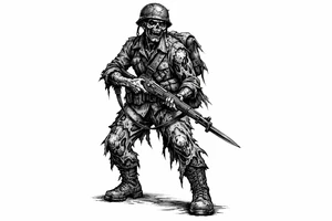 Full body zombie soldier, tattered uniform, bayonet fixed rifle, dark fantasy art. tattoo idea