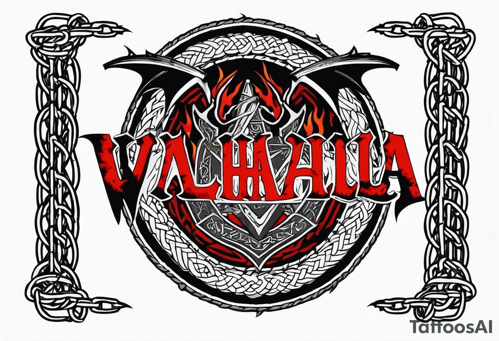 Valhalla sword shield dragon axe Valknut barbed wire chains fire tattoo idea