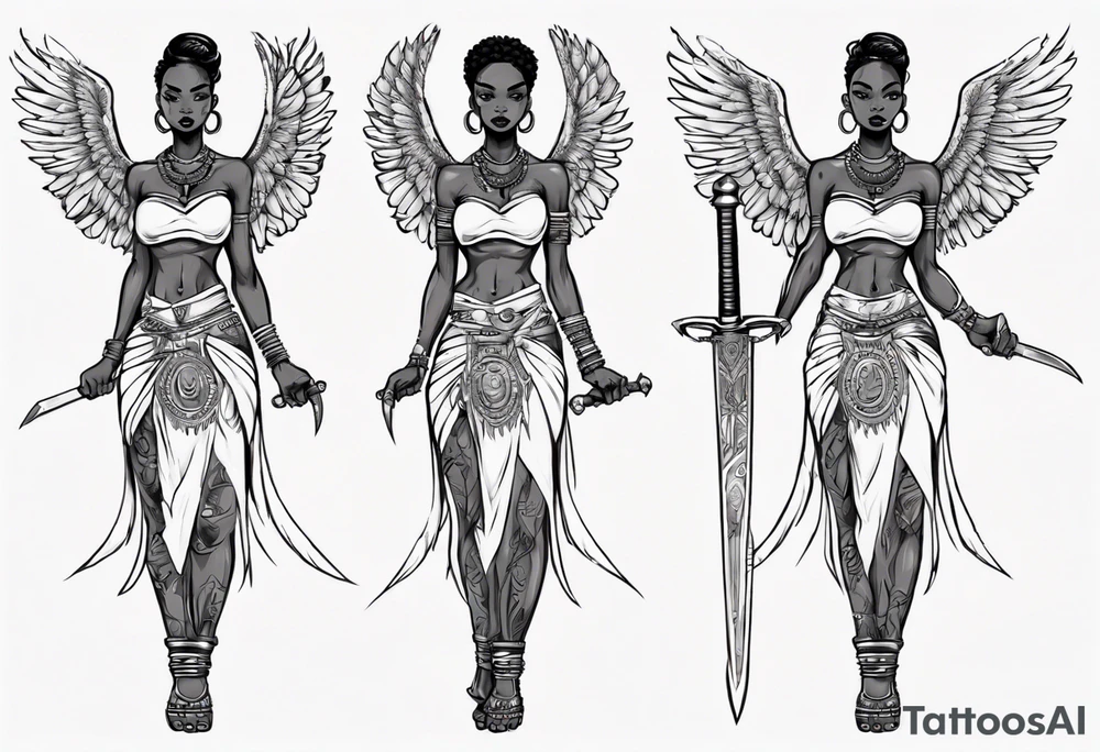 African female full body angel
slim face holding out sword in both hands tattoo idea