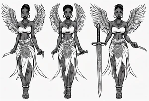 African female full body angel
slim face holding out sword in both hands tattoo idea