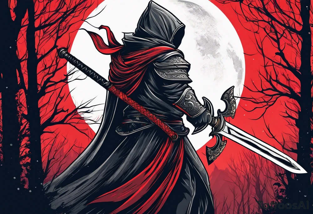 Sword with red moon behind it in the woods tattoo idea