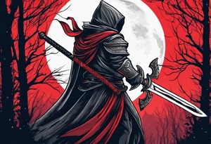 Sword with red moon behind it in the woods tattoo idea