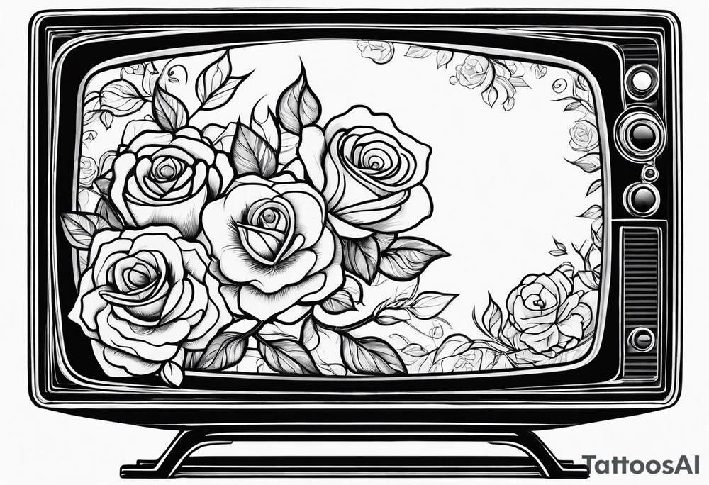 Fine line simple Retro TV with roses tattoo idea