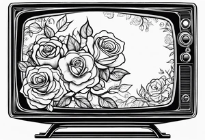 Fine line simple Retro TV with roses tattoo idea