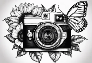 sunflower, camera, flower rose , book, butterfly tattoo idea