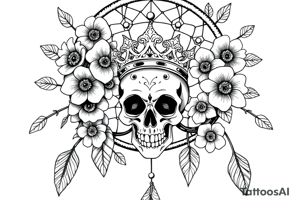 Mandala dream catcher with detailed beautiful gothic boho flowers on vine and skull with gorgeous crown tattoo idea