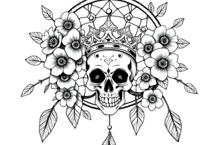 Mandala dream catcher with detailed beautiful gothic boho flowers on vine and skull with gorgeous crown tattoo idea