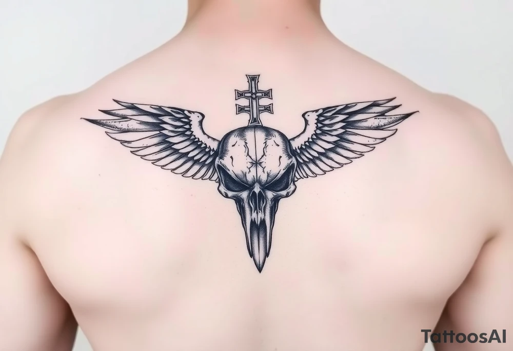 Leviathan cross etched on the skull of a raven tattoo idea