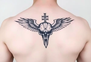 Leviathan cross etched on the skull of a raven tattoo idea