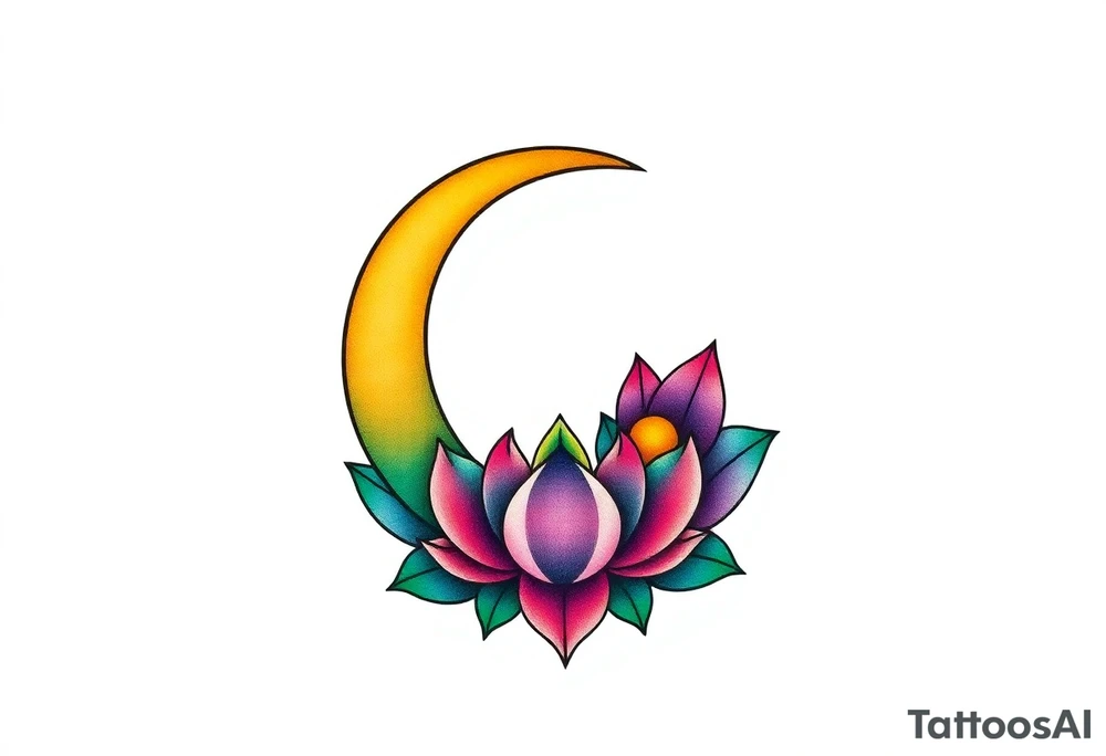 small colorful crescent moon with lotus flower tattoo idea