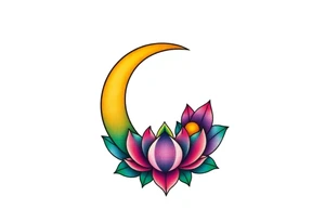 small colorful crescent moon with lotus flower tattoo idea