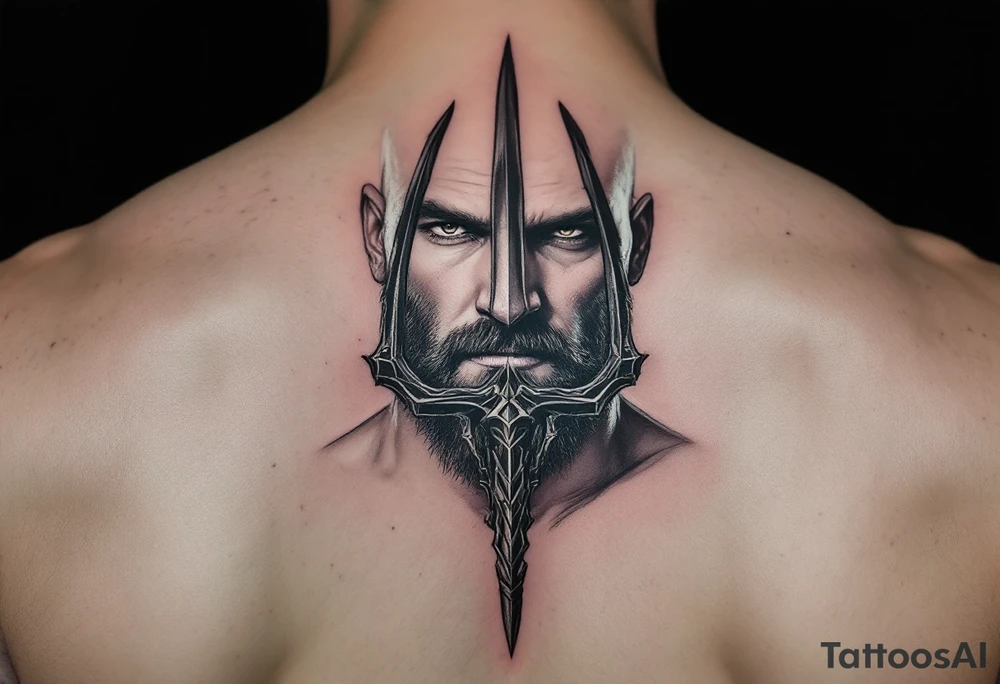 close-up beardless man behind a trident tattoo idea