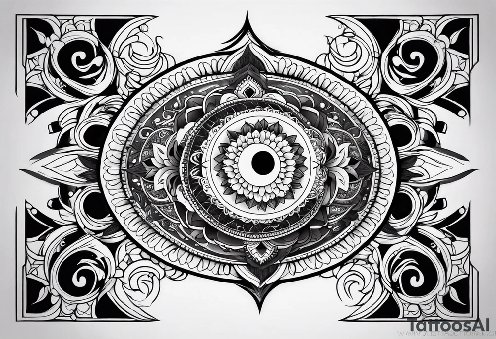 Mandala tattoo that incorporates yin and yang and music tattoo idea
