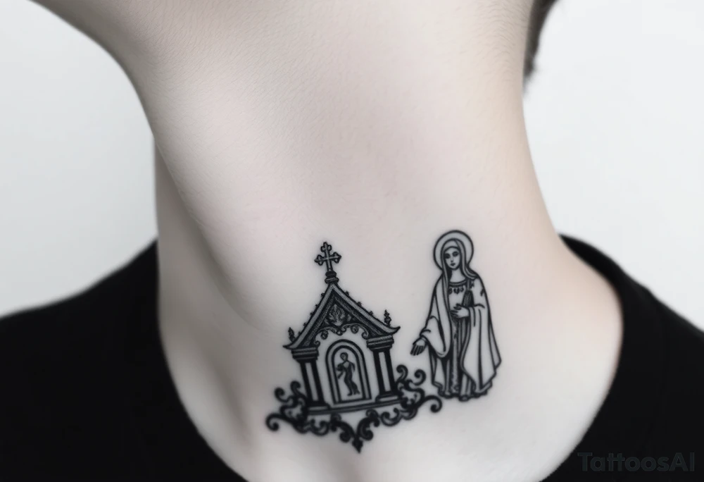 medium traditional russian orthodox church with russian coat arms and virgin mary on the side of your neck tattoo idea