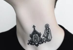 medium traditional russian orthodox church with russian coat arms and virgin mary on the side of your neck tattoo idea