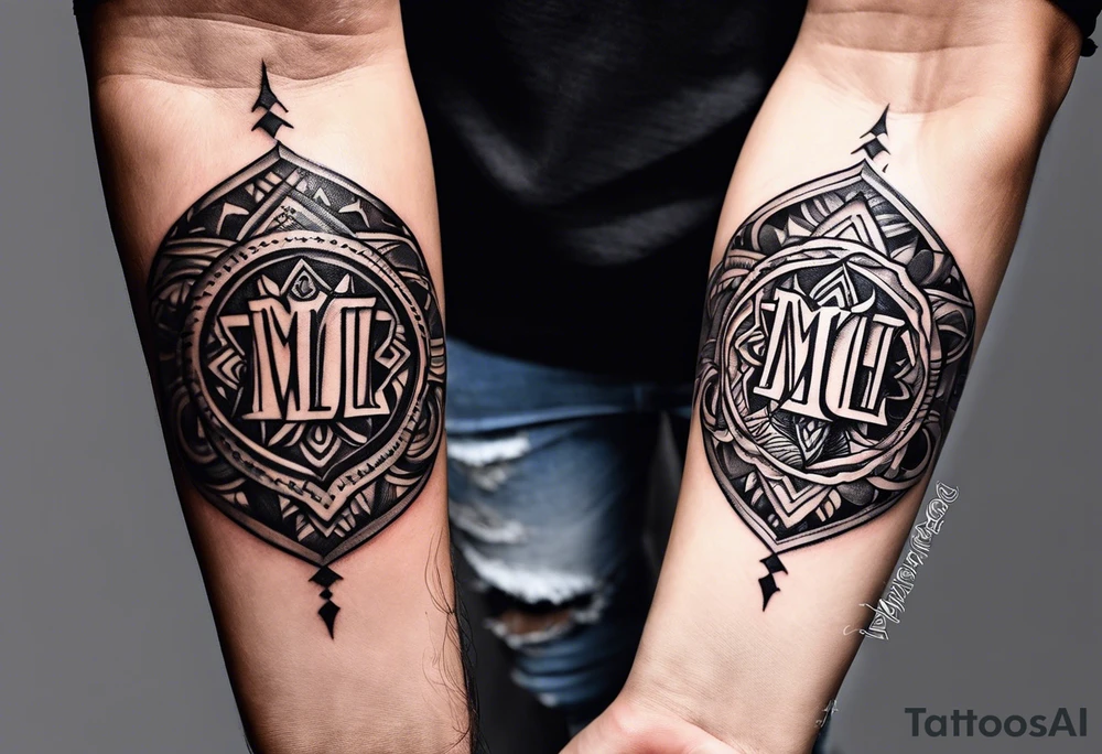 small tattoo on the forearm with the initials MLJ, date of birth 22/09/22 in the style of a moluccan tattoo tattoo idea