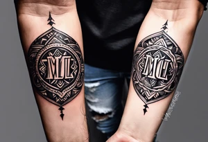 small tattoo on the forearm with the initials MLJ, date of birth 22/09/22 in the style of a moluccan tattoo tattoo idea