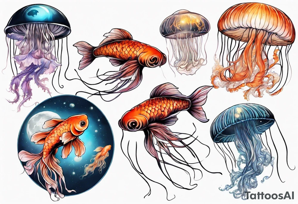 1 jellyfish with the moon in the lid. Then with mini koi carp and jellyfish swimming amongst the tentacles tattoo idea