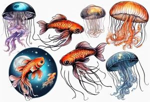 1 jellyfish with the moon in the lid. Then with mini koi carp and jellyfish swimming amongst the tentacles tattoo idea