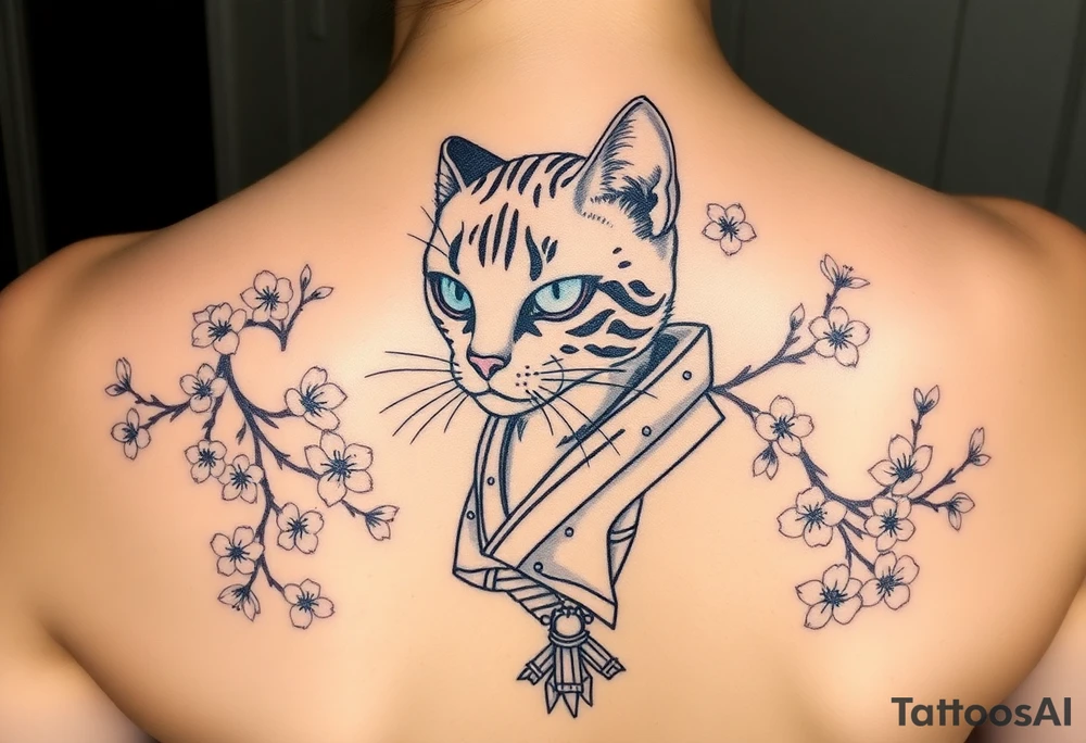 Bengal cat that’s missing one eye , dressed as a Japanese samurai warrior surrounded by cherry blossoms tattoo idea