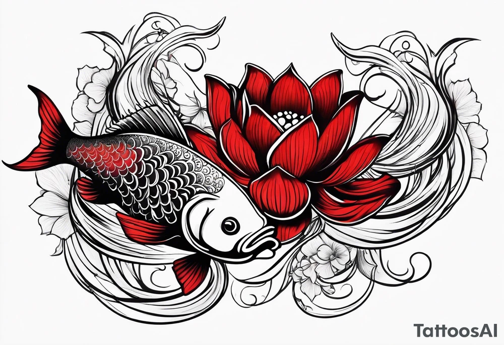 twin coi fish red and black with waves and lotus flowers tattoo idea