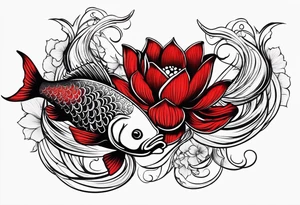 twin coi fish red and black with waves and lotus flowers tattoo idea