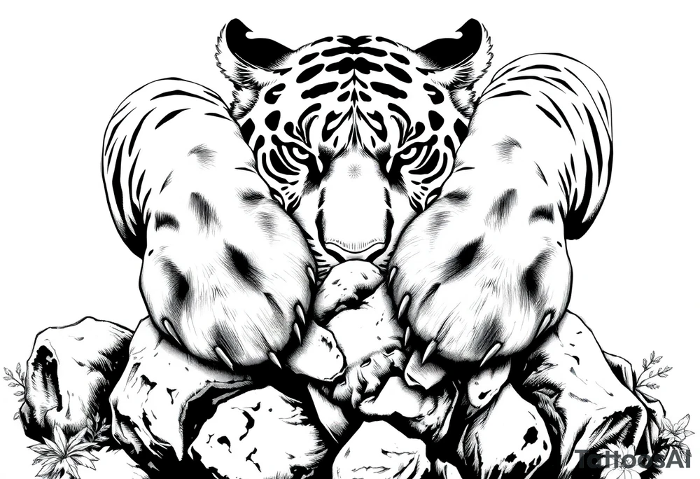 Tiger's powerful front paws gripping mossy jungle rocks, detailed. tattoo idea