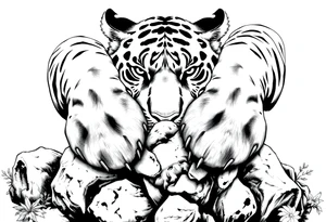 Tiger's powerful front paws gripping mossy jungle rocks, detailed. tattoo idea