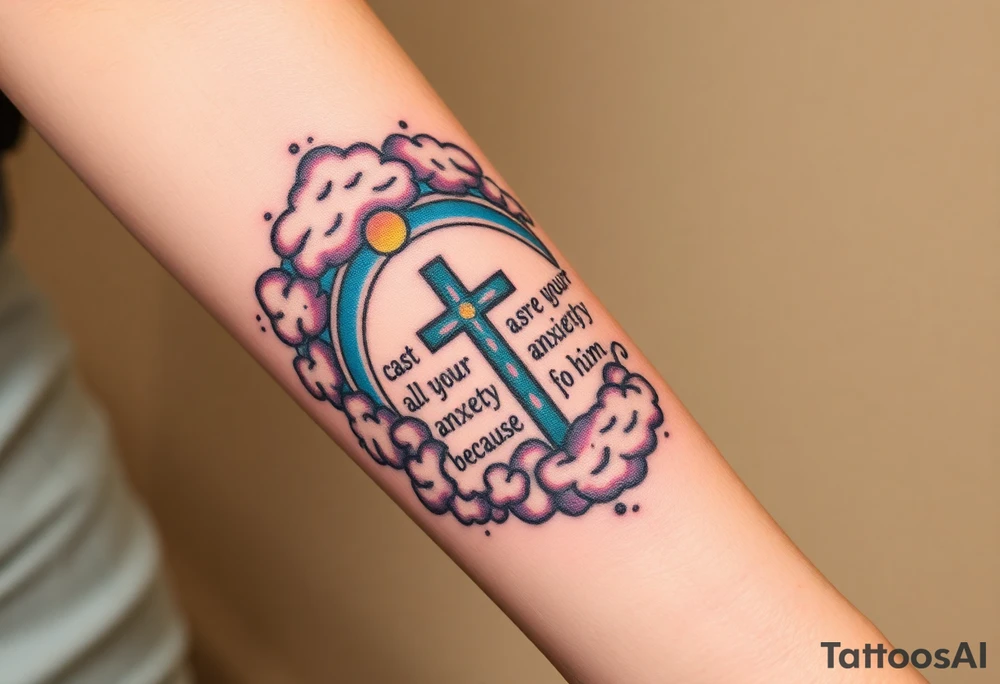 cast all your anxiety on him because he cares for you"  surrounded with clouds and cross tattoo idea