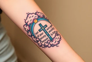 cast all your anxiety on him because he cares for you"  surrounded with clouds and cross tattoo idea