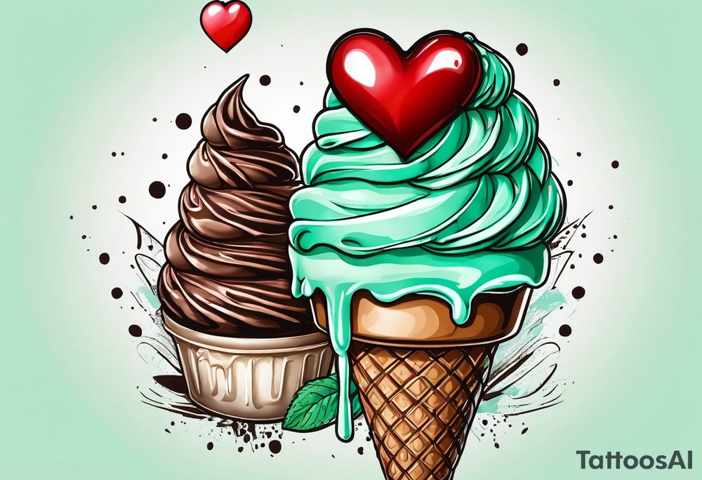 mint chocolate chip ice cream cone with small red heart on it somewhere. tattoo idea