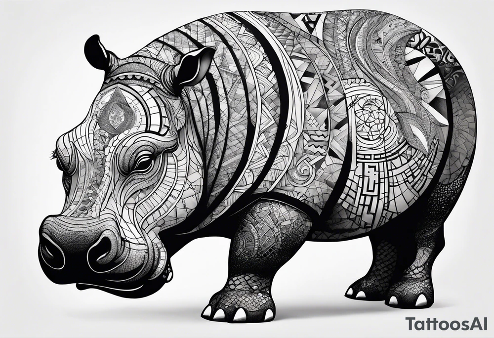 Asymmetrical, geometric, chinese ink art touch, hippo , full moon, tribal, orientation portrait tattoo idea
