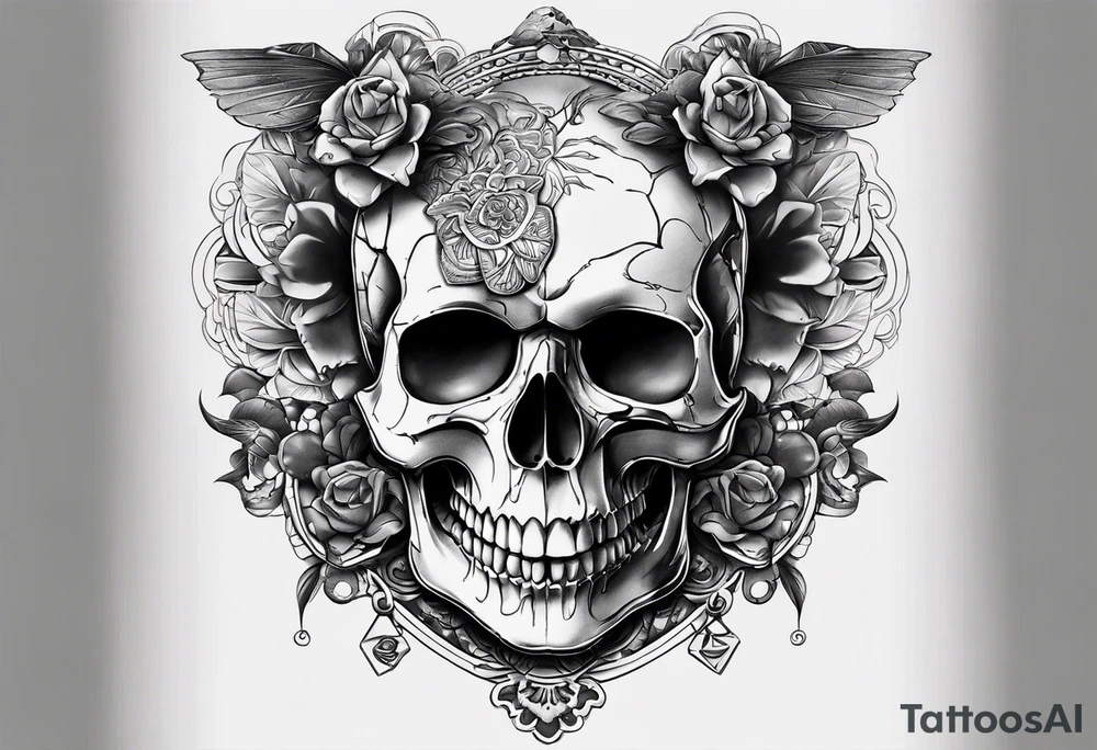 unique tattoo design featuring a skull with strap on the mouth that appears to be releasing or breaking free from its constraints. The design should be intricate, with detailed shading and textures to give it a realistic look. The skull should be positioned on the neck as if it's emerging from the skin. I'd like the design to be bold and eye-catching, with a mix of grey and bright colors to create a striking contrast. tattoo idea