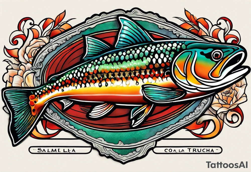A small tattoo with a shaded trout and text that says, 'Como la trucha...' drawn with fine lines." tattoo idea