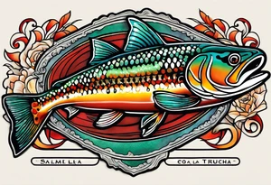 A small tattoo with a shaded trout and text that says, 'Como la trucha...' drawn with fine lines." tattoo idea