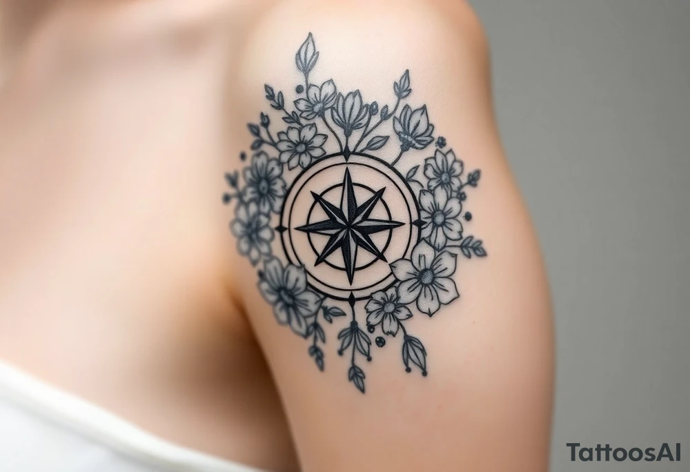 Abstract Compass surrounded with wild flowers tattoo idea