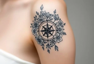 Abstract Compass surrounded with wild flowers tattoo idea