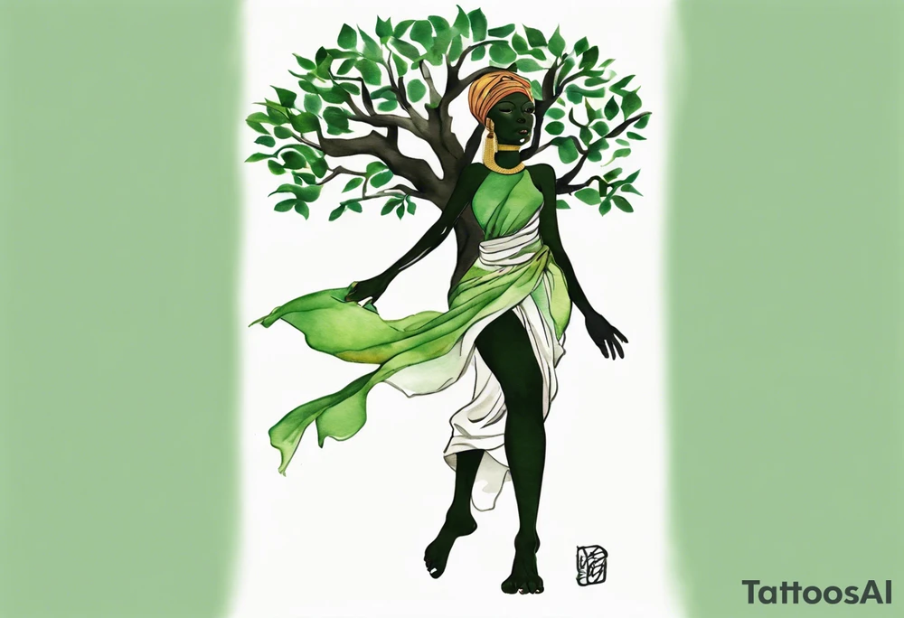 a tree trunk with roots that is a black woman from the waist up, feet made of tree roots, wearing a green tunic, arms stretched upwards towards the noon sun tattoo idea