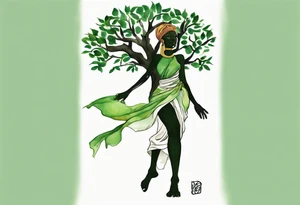 a tree trunk with roots that is a black woman from the waist up, feet made of tree roots, wearing a green tunic, arms stretched upwards towards the noon sun tattoo idea