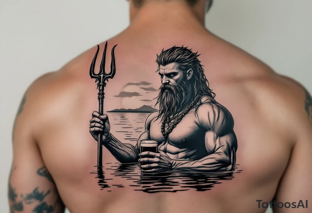 young, fit poseidon in calm water, holding a trident, drinking a beer, with sunset tattoo idea