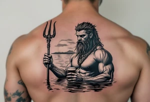young, fit poseidon in calm water, holding a trident, drinking a beer, with sunset tattoo idea