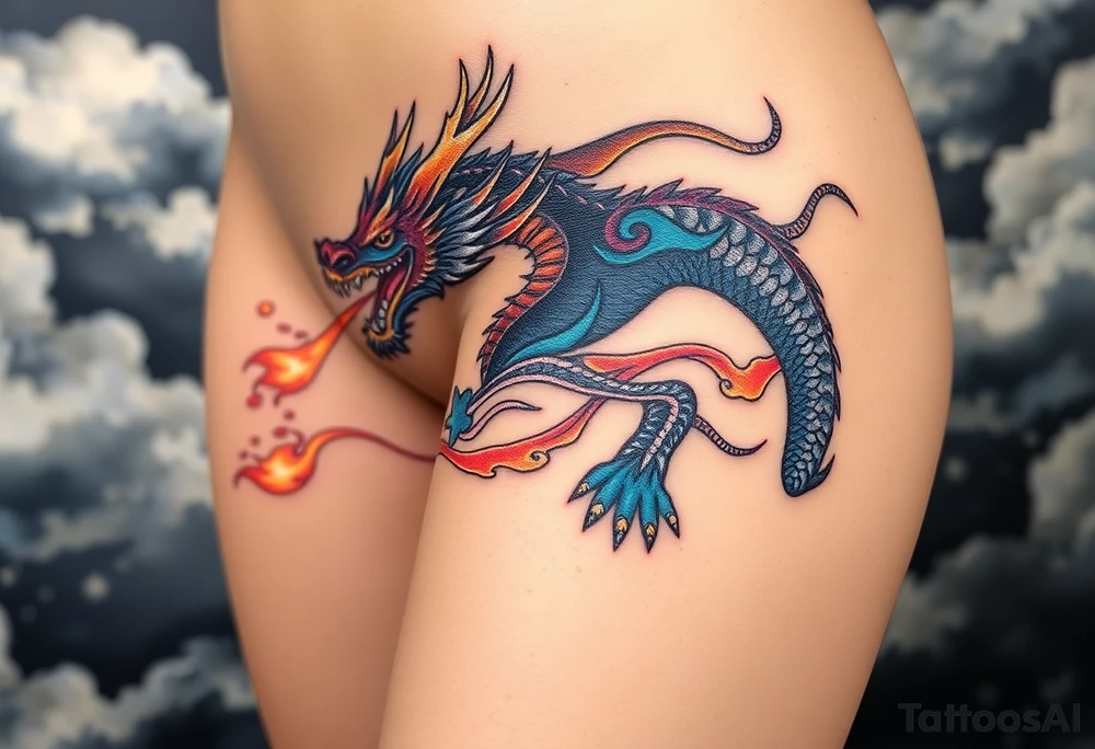 fierce dragon breathing iridescent fire against stormy skies tattoo idea